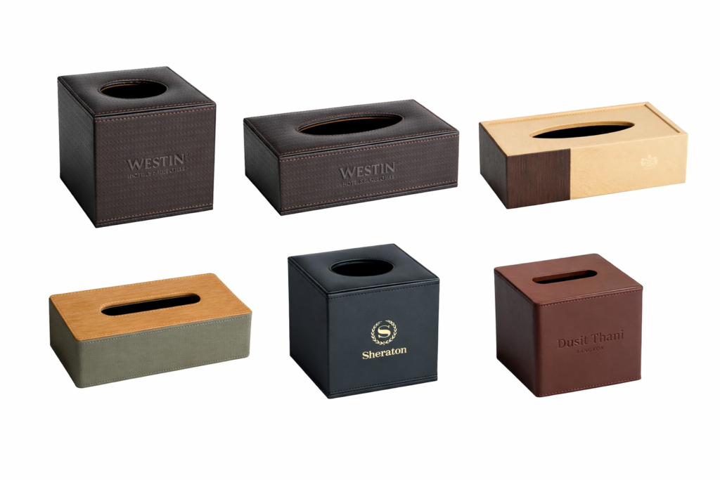 Luxury hotel tissue box covers in multiple colors and finishes